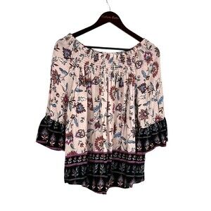 Beach Lunch Lounge Women Sz M Pink Floral Bell Sleeve Top Blouse Off Shoulder N1
